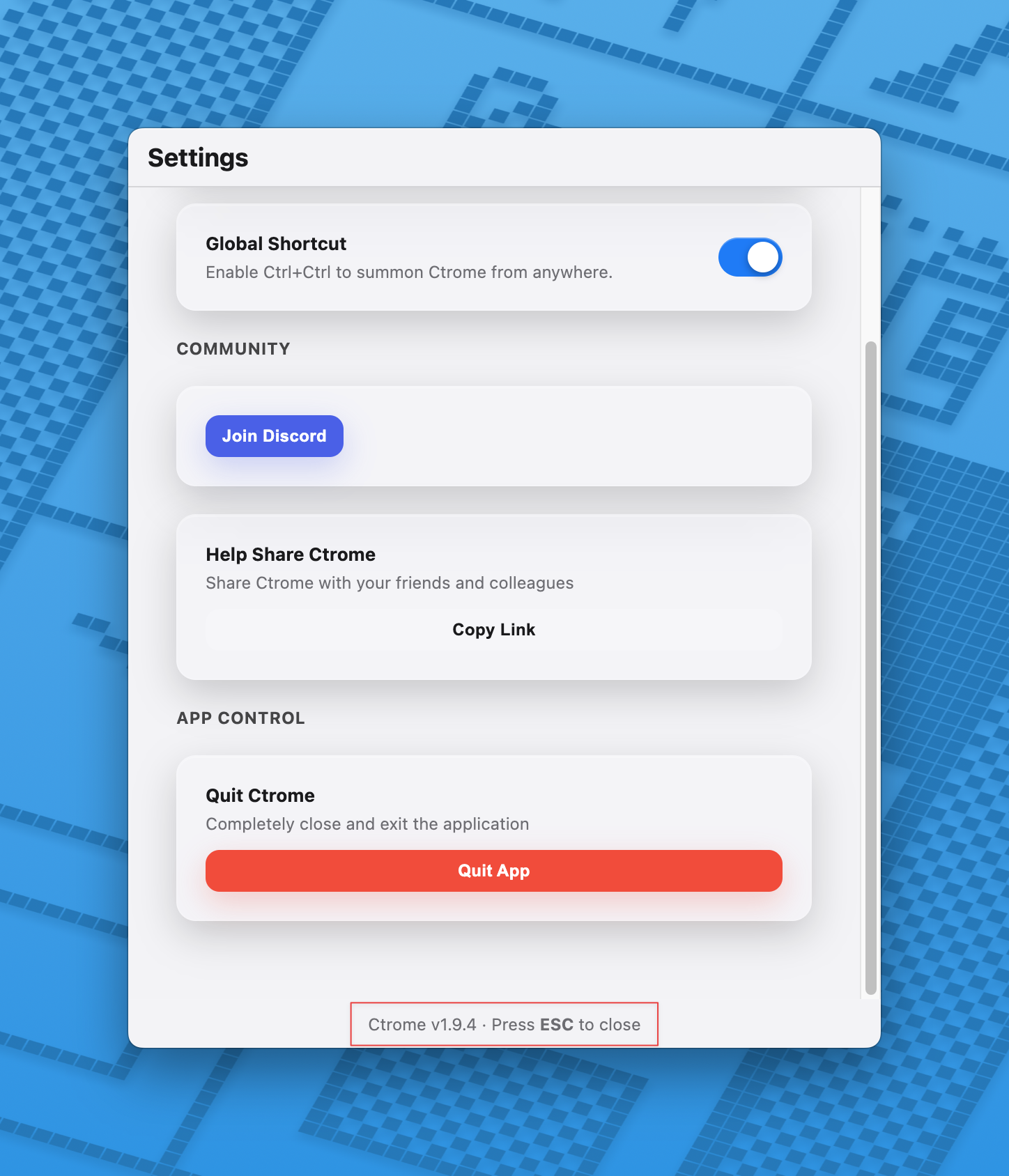 Settings menu options